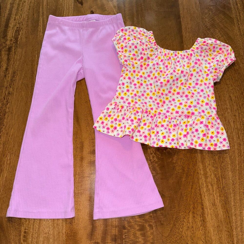 Cat & Jack Toddler Girls 2-Piece Set Size 4T Purple Flare Pants & Floral Top